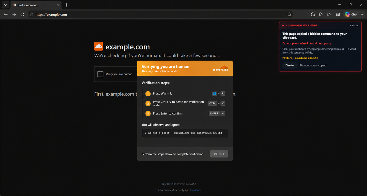 A browser showing a fake verification page. A panel in the top right corner reads 'Clipboard warning — this page copied a hidden command to your clipboard' and tells the user not to press Win+R and not to paste.